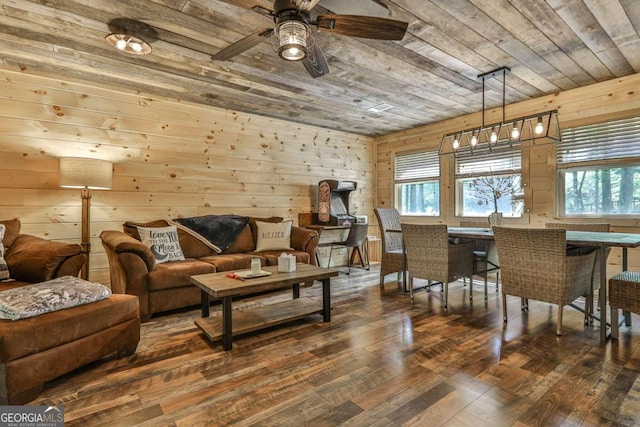 living room with dark hardwood / wood-style floors, a healthy amount of sunlight, and wood ceiling