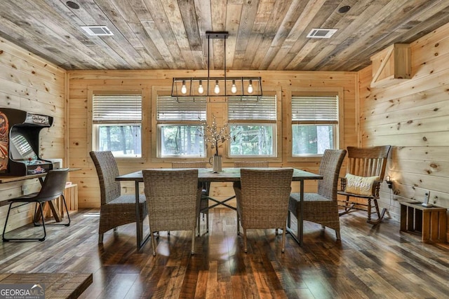 dining room with plenty of natural light, wooden ceiling, wooden walls, and hardwood / wood-style floors