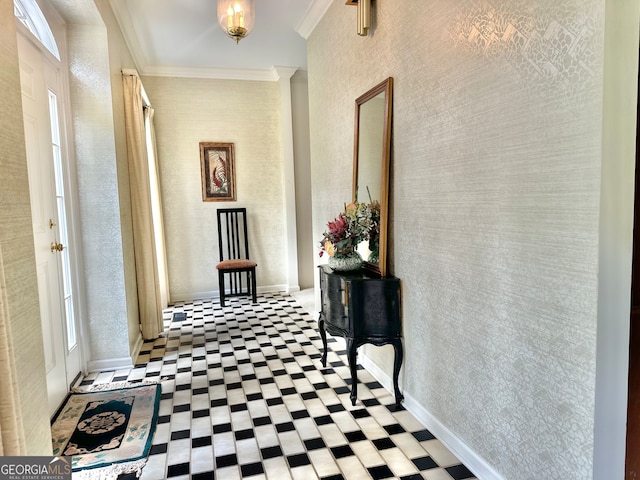 hallway featuring ornamental molding, light tile patterned flooring, and a healthy amount of sunlight