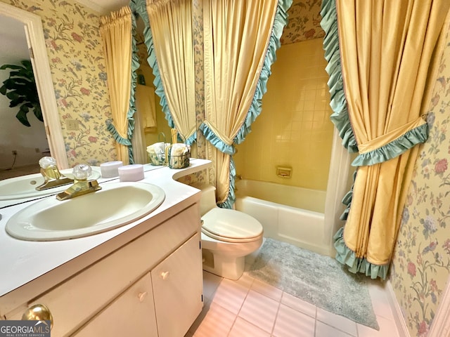 full bathroom with shower / bath combo with shower curtain, vanity, tile patterned floors, and toilet