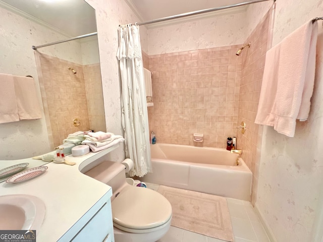 full bathroom featuring vanity, shower / bathtub combination with curtain, tile patterned floors, ornamental molding, and toilet