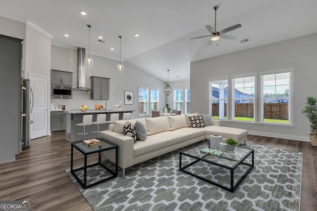 living room featuring ceiling fan, high vaulted ceiling, and dark wood-type flooring