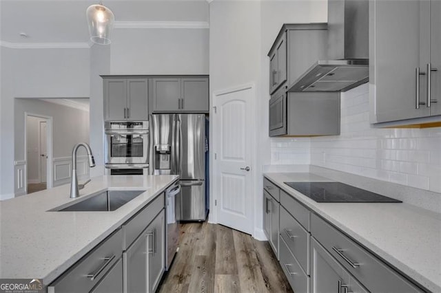 kitchen featuring sink, wall chimney exhaust hood, decorative backsplash, dark hardwood / wood-style floors, and stainless steel appliances