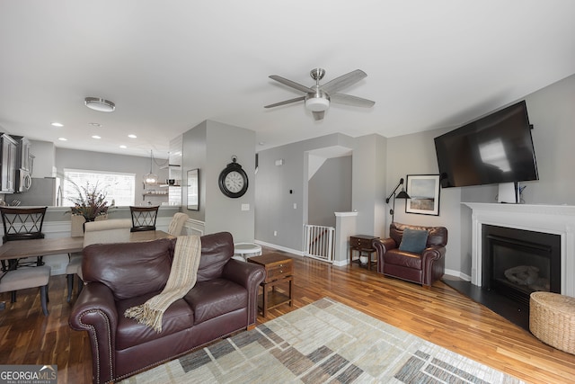 living room with hardwood / wood-style flooring and ceiling fan