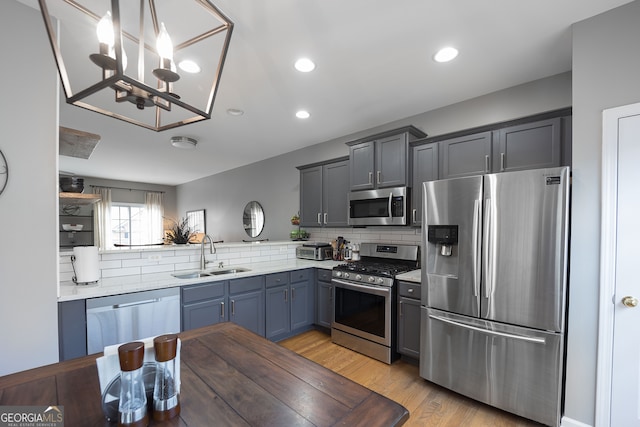 kitchen with sink, an inviting chandelier, appliances with stainless steel finishes, light hardwood / wood-style flooring, and backsplash