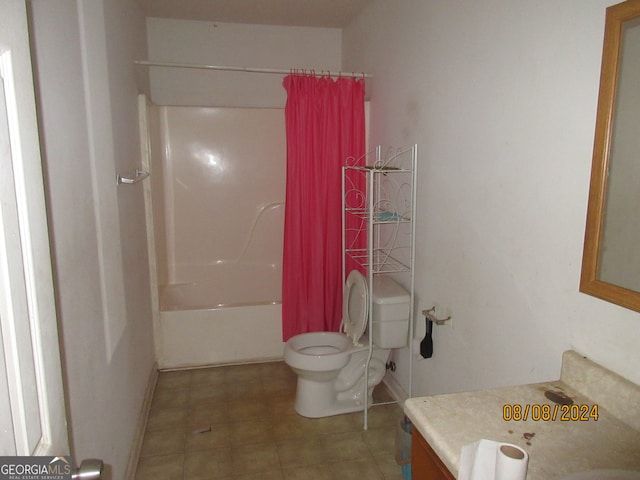 full bathroom featuring shower / tub combo, tile patterned flooring, toilet, and vanity