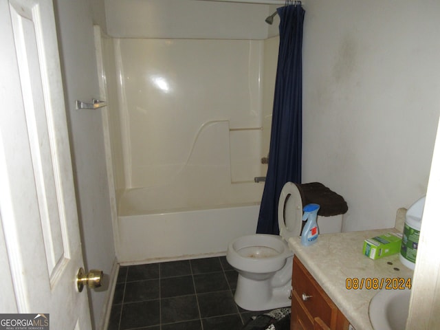 full bathroom featuring vanity, shower / tub combo with curtain, toilet, and tile patterned floors