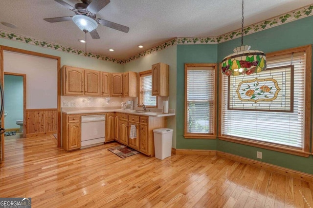 kitchen featuring light hardwood / wood-style flooring, a textured ceiling, white dishwasher, ceiling fan, and pendant lighting