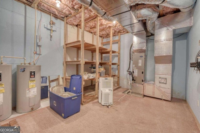 basement with water heater, carpet flooring, and heating unit