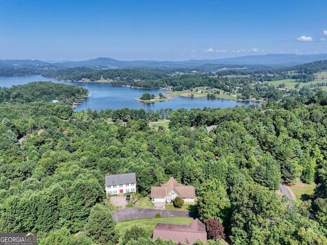 bird's eye view with a water and mountain view