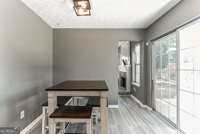 dining room with a textured ceiling and light hardwood / wood-style floors