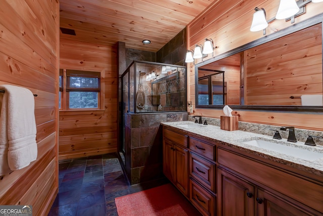 bathroom featuring dual vanity, tile patterned floors, wood walls, and wooden ceiling