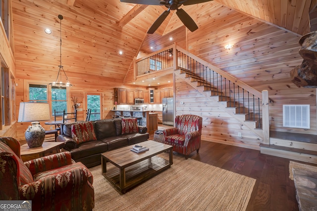 living room with hardwood / wood-style floors, ceiling fan, wooden ceiling, high vaulted ceiling, and wood walls