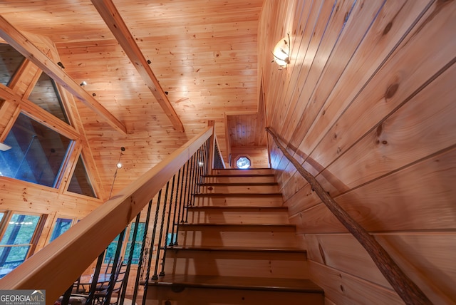 staircase featuring beam ceiling, high vaulted ceiling, and wood ceiling