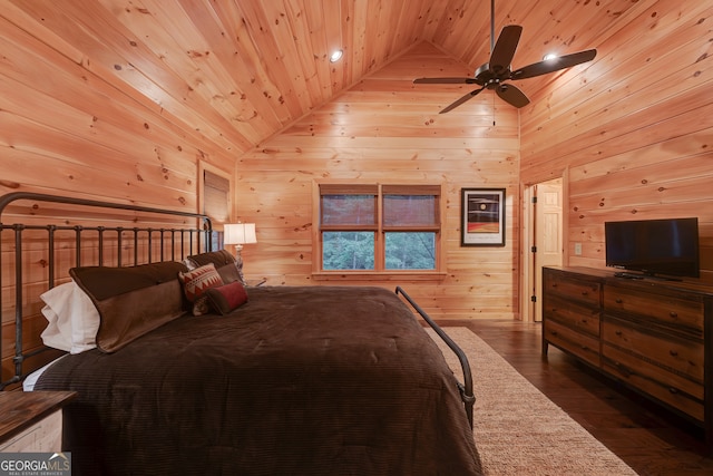 bedroom featuring wooden walls, lofted ceiling, hardwood / wood-style floors, and wood ceiling