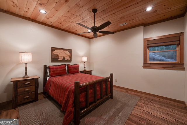 bedroom with ceiling fan, wood-type flooring, and wooden ceiling