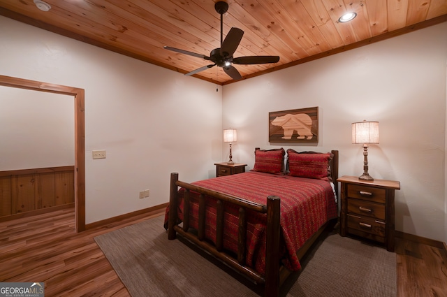 bedroom featuring ceiling fan, wood ceiling, and hardwood / wood-style flooring