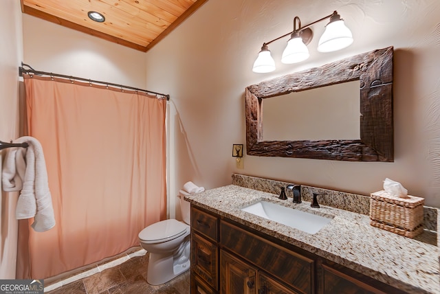 bathroom with tile patterned floors, vanity, toilet, and wood ceiling