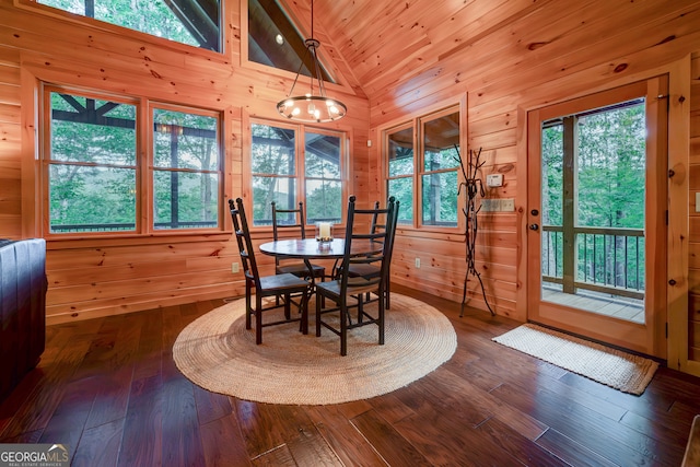 dining room with wood walls, hardwood / wood-style flooring, and plenty of natural light