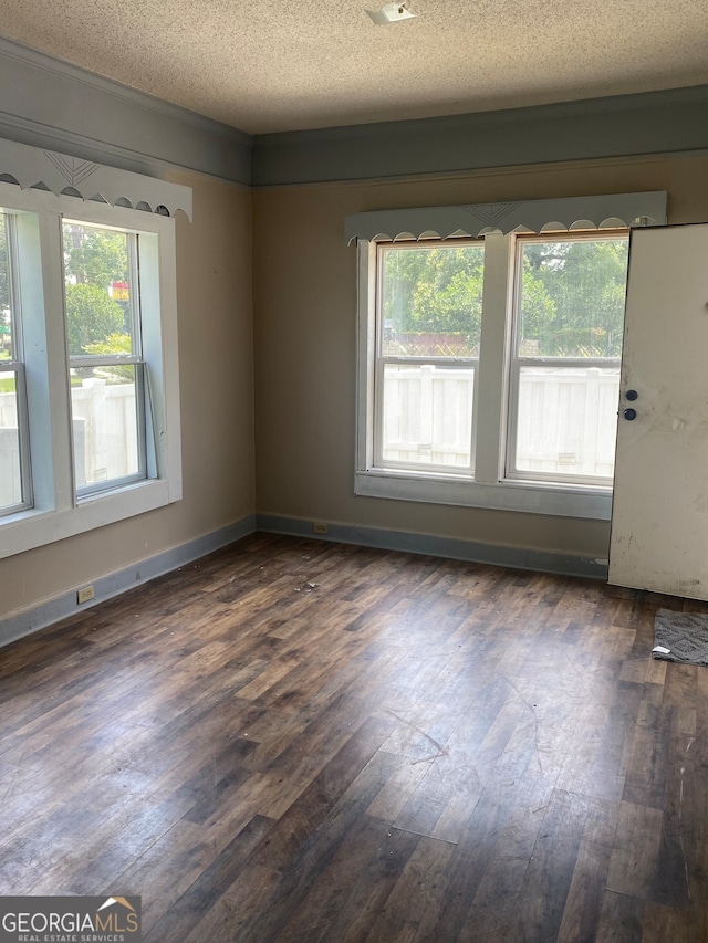 empty room featuring dark hardwood / wood-style flooring, a textured ceiling, and plenty of natural light