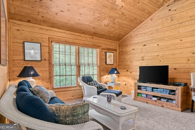 225 Big Oconee River Rd, Sparta, GA 31087 - carpeted living area featuring lofted ceiling, wood walls, and wooden ceiling