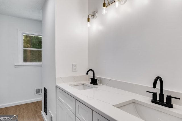 bathroom with double sink vanity and hardwood / wood-style flooring