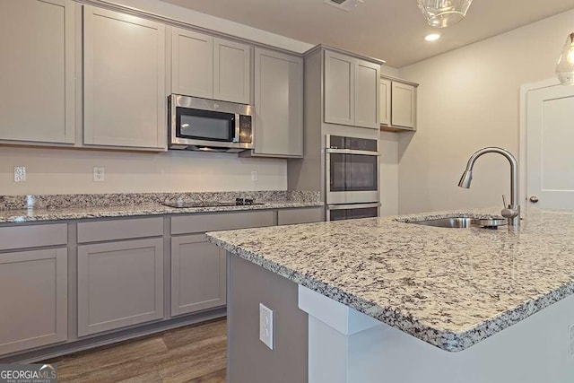 kitchen with dark hardwood / wood-style flooring, sink, gray cabinetry, and appliances with stainless steel finishes