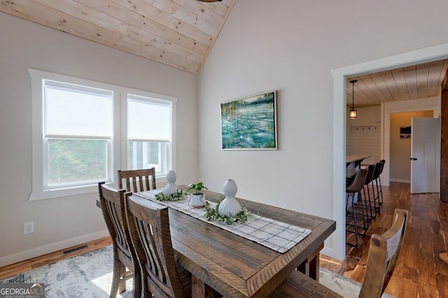 dining room with hardwood / wood-style floors, wood ceiling, and lofted ceiling