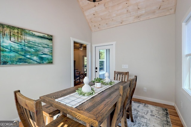 dining area featuring high vaulted ceiling, wood finished floors, wood ceiling, and baseboards