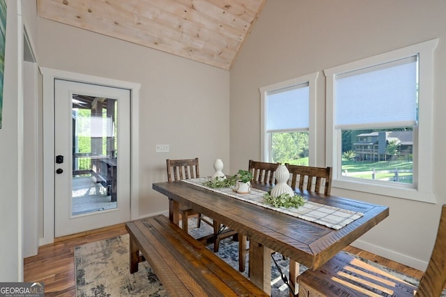 dining space featuring wooden ceiling, wood-type flooring, vaulted ceiling, and a wealth of natural light