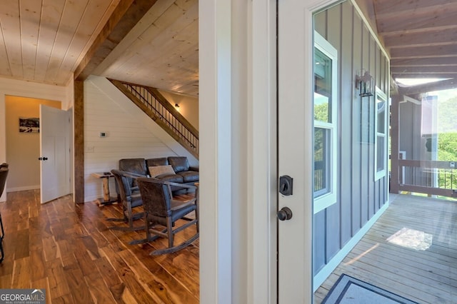 interior space featuring plenty of natural light, hardwood / wood-style flooring, and wood ceiling