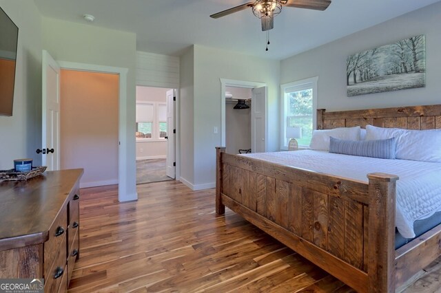 bedroom with ceiling fan, a spacious closet, wood-type flooring, and a closet