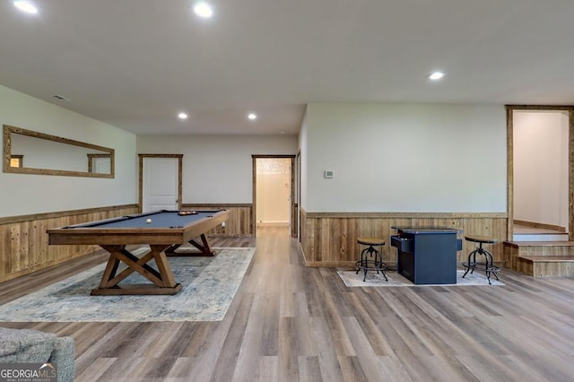 playroom with a wainscoted wall, pool table, and recessed lighting