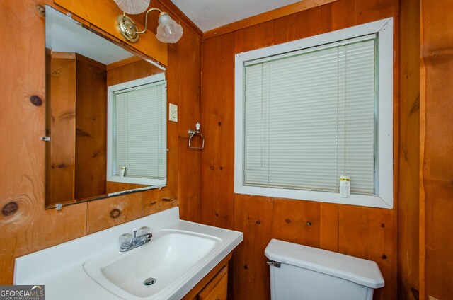 bathroom with vanity, wooden walls, and toilet