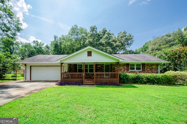 ranch-style home with a front lawn, a garage, and a porch