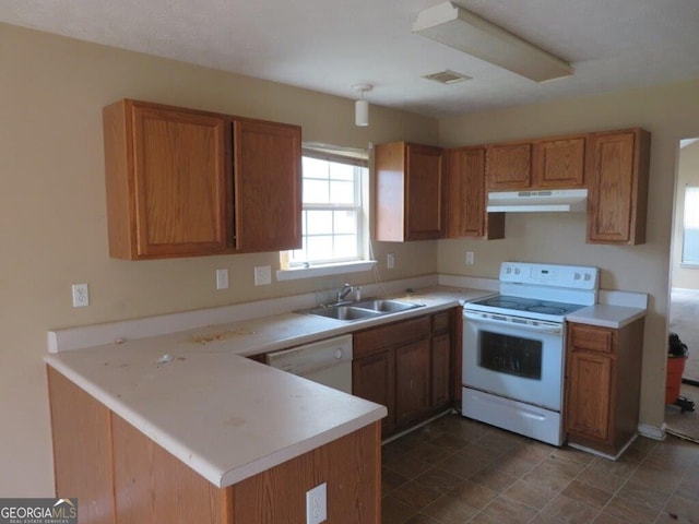 kitchen with sink, white appliances, and kitchen peninsula