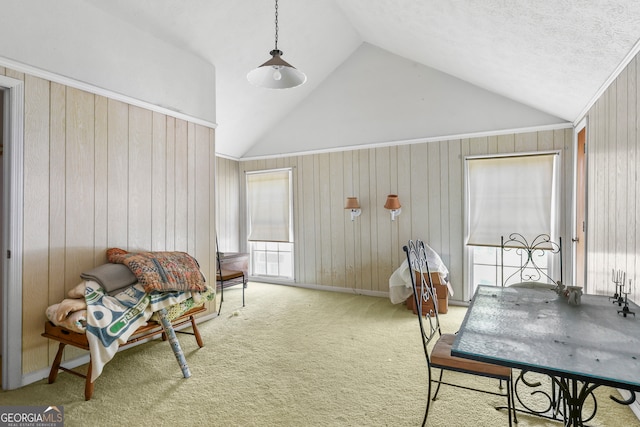 sitting room featuring lofted ceiling, wood walls, and carpet flooring