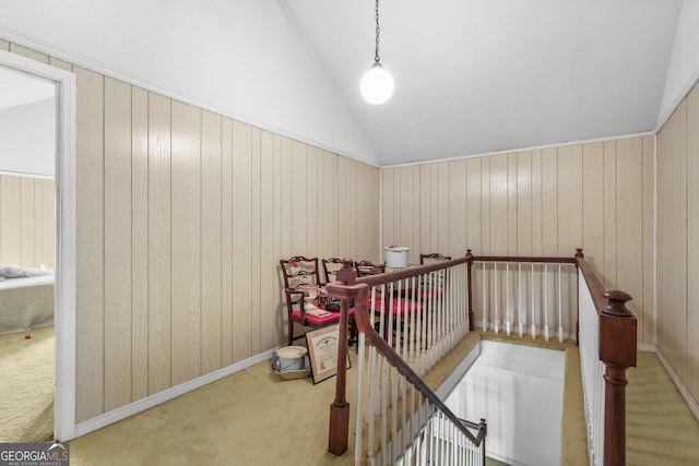 interior space featuring lofted ceiling, wood walls, and carpet floors