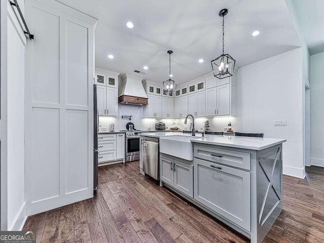 kitchen featuring a center island with sink, appliances with stainless steel finishes, premium range hood, sink, and dark wood-type flooring