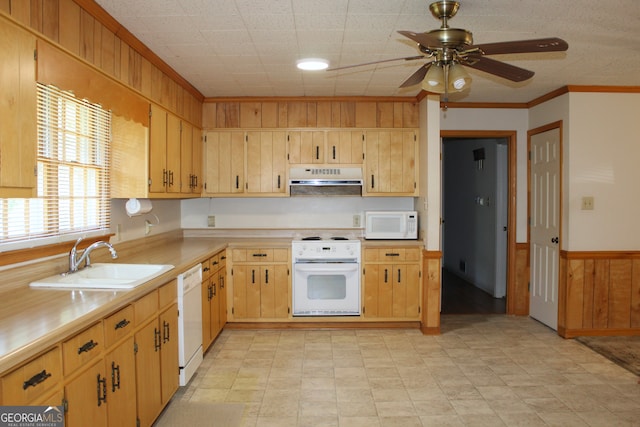 kitchen featuring sink, crown molding, light tile patterned floors, white appliances, and ceiling fan