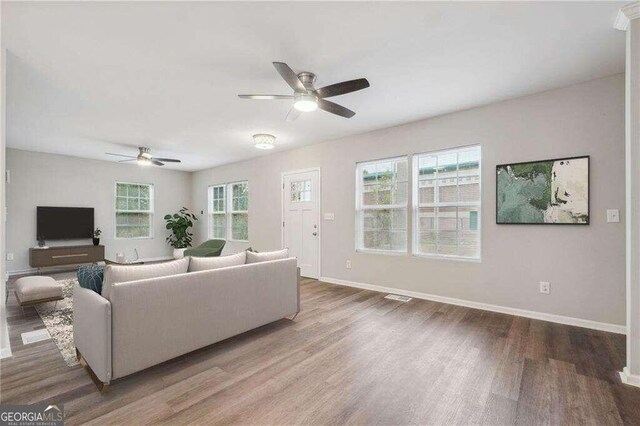 living room featuring ceiling fan and hardwood / wood-style flooring