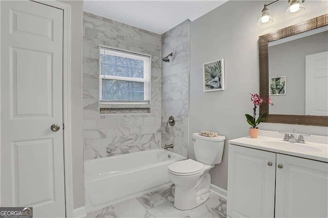 full bathroom featuring tile patterned floors, tiled shower / bath, vanity, and toilet