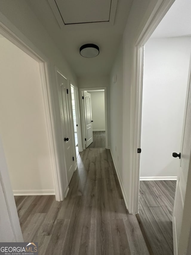 hallway with dark hardwood / wood-style floors