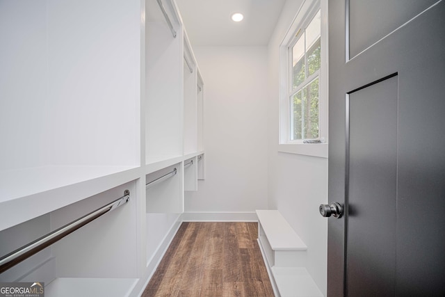 walk in closet featuring dark wood-type flooring