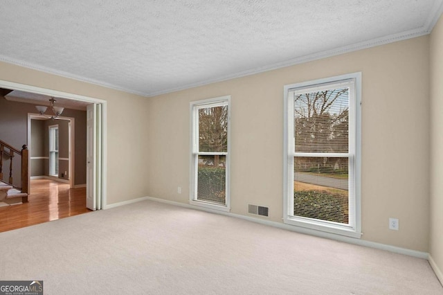 carpeted empty room featuring a textured ceiling and a healthy amount of sunlight