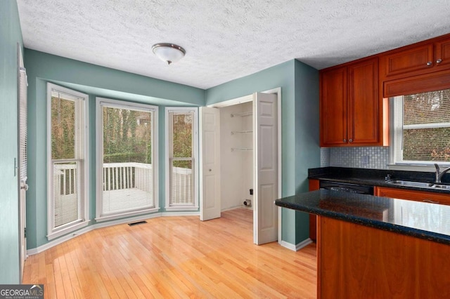 kitchen with a textured ceiling, light wood-type flooring, sink, and a wealth of natural light