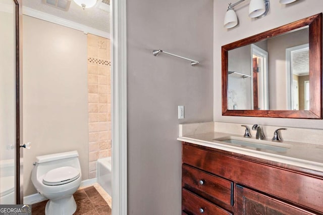 full bathroom with a textured ceiling, toilet, shower / tub combination, ornamental molding, and vanity