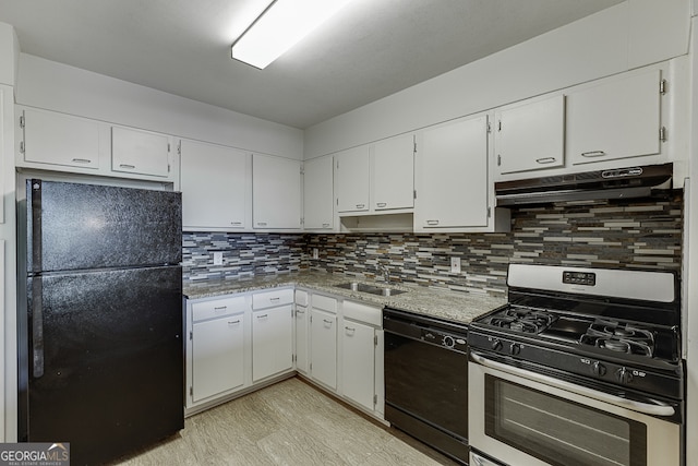 kitchen with tasteful backsplash, black appliances, sink, and white cabinets