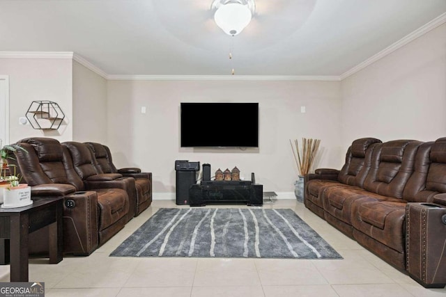 living room with ceiling fan, crown molding, and light tile patterned floors