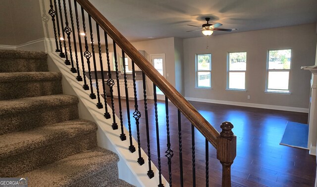 stairs with hardwood / wood-style floors and ceiling fan